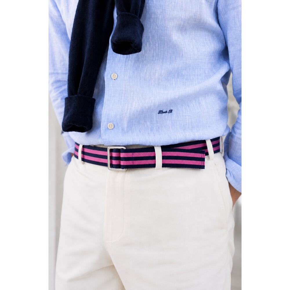 Brooks Brothers Pink Navy Stripe Web Double Ring Belt Unisex Ivy Coastal Prep